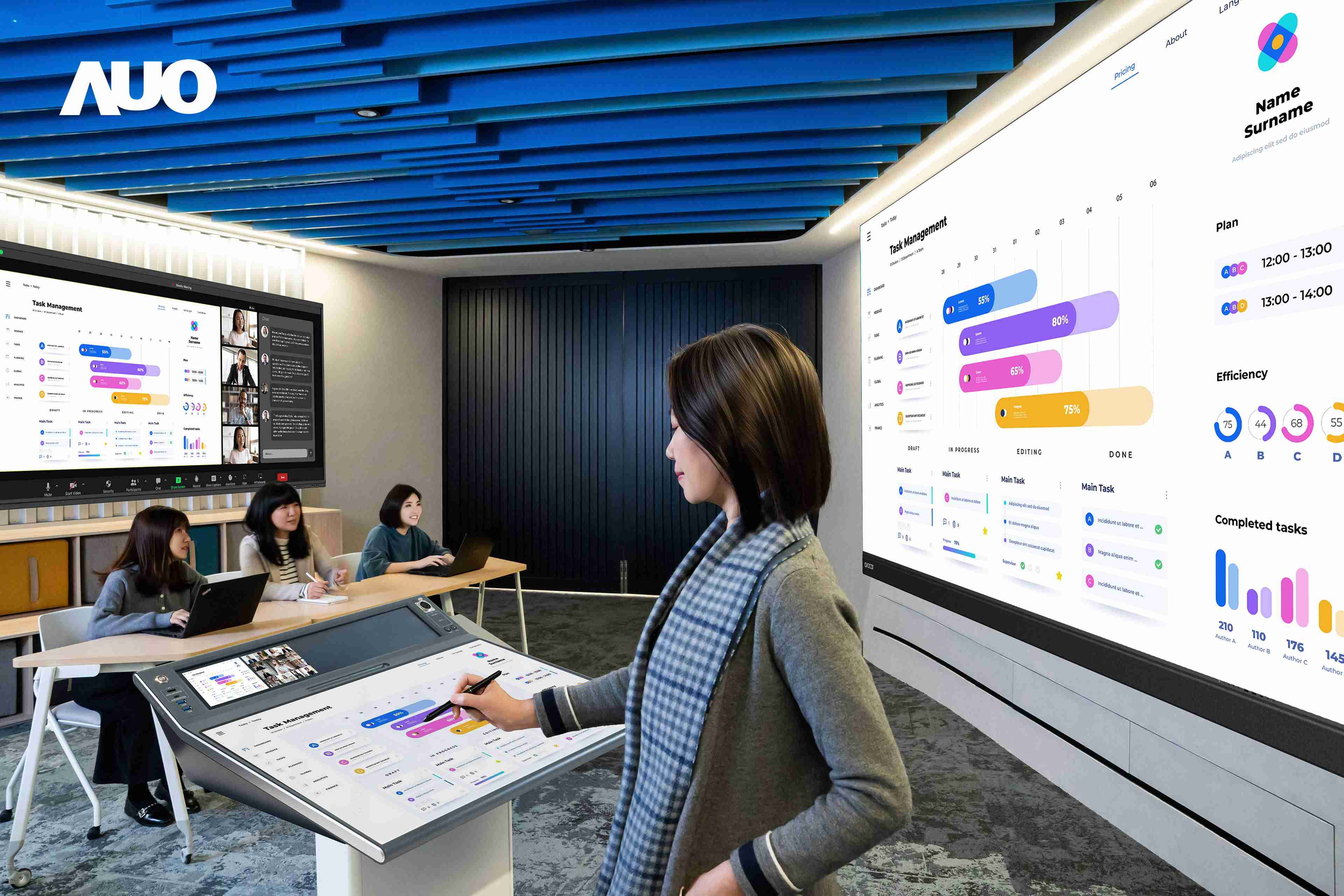 达擎携手Avocor与Rise Vision展示全方位商务领域应用，，，包含采用模块化设计的138吋一体式All-in-One LED显示器及具21:9超宽比例的92吋交互式电子白板（IFPD），，，讲者可轻松分享内容，，，，有效提升会议协作效率。。